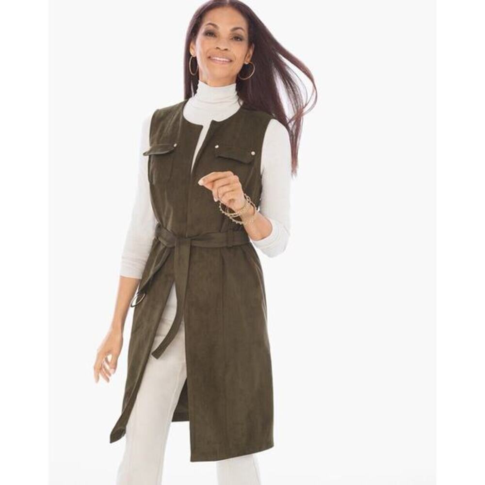 Chicos Olive Green Faux Suede Open Belted Trench Coat Vest Longline Size 2 Large